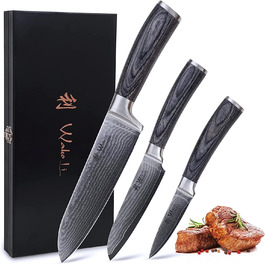 Набор из 3 профессиональных кухонных ножей из настоящей японской дамасской стали с деревянными ручками Wakoli Edis