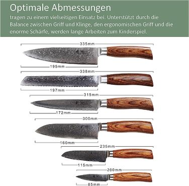 Набор из 6 ножей для шеф-повара из натуральной дамасской стали с деревянными ручками Wakoli Edib Pro