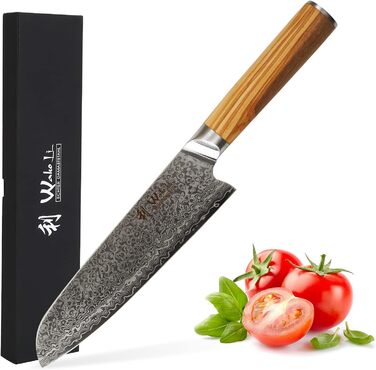 Профессиональный нож Сантоку шеф-повара из настоящей японской дамасской стали с ручкой из оливкового дерева 18 см Wakoli