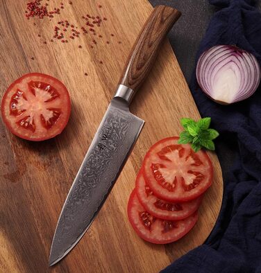 Профессиональный поварской нож из настоящей дамасской стали с рукояткой из дерева пакка 19,5 см Wakoli EDIB Pro