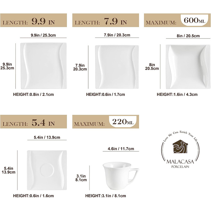 Комбинированный набор кремово-белой фарфоровой посуды из 30 предметов Carina Series MALACASA