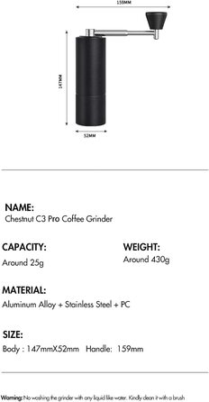 Ручная кофемолка Timemore Chestnut C3 Pro из нержавеющей стали, черная