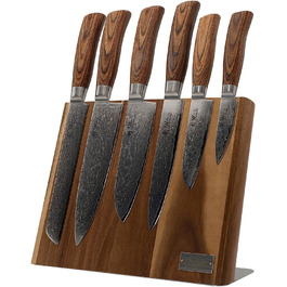Набор из 6 дамасских ножей с рукояткой из дерева пакка и магнитной доской из дерева акации Wakoli Edib Pro