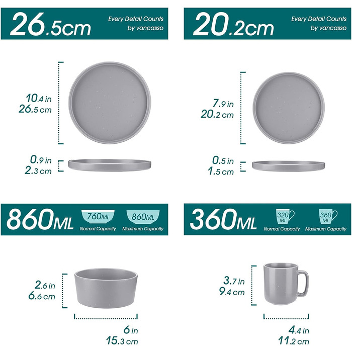 Набор посуды из керамогранита в сером оттенке 32 предмета Snefnug Vancasso